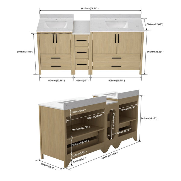 English Elm 108"w×22"d×34"h Freestanding Double Sink Vanity with White Countertop Soft Close T3785S00008