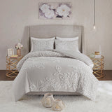 Madison Park Veronica Shabby Chic 3 Piece Tufted Cotton Chenille Floral Comforter Set MP10-6392 Warm Grey/White