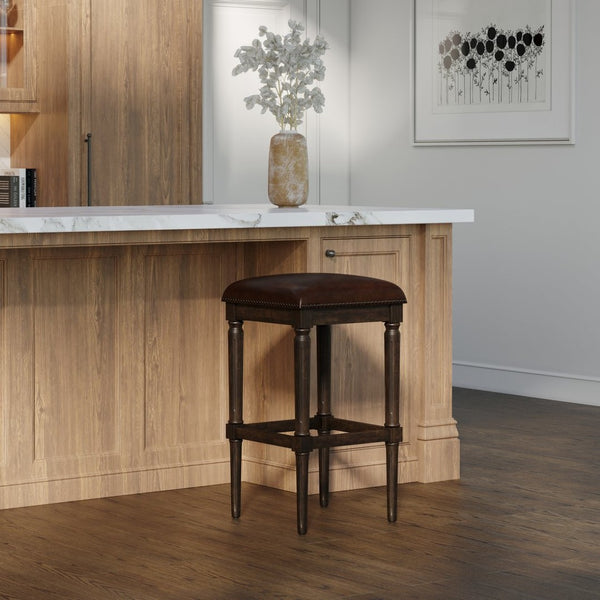 English Elm 31"h Distressed Walnut Bar Stool Carved Wood Frame with Upholstered Faux Leather Seat B2751P436461