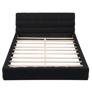 English Elm Queen Upholstered Platform Bed with Padded Headboard, Slat Support, Modern Stitch Detail for Comfort Black DL001520AAB