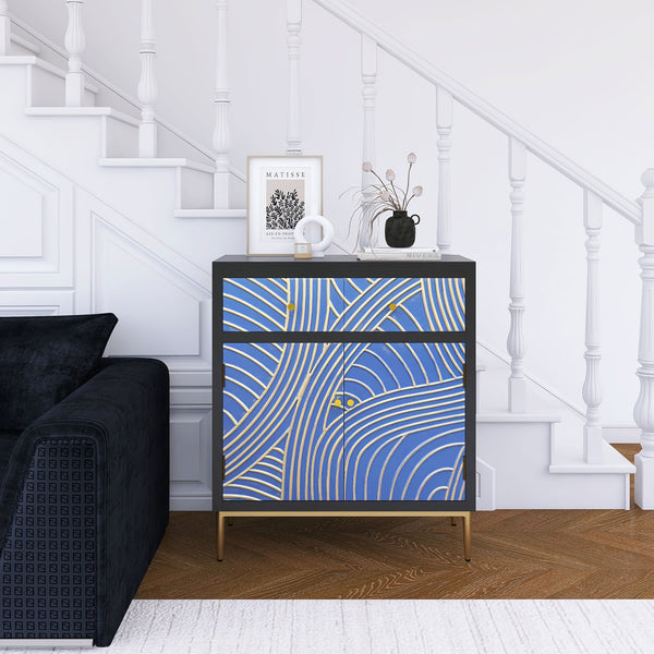 English Elm Accent Modern Storage Cabinet with 2 Doors, 1 Drawer, Adjustable Shelf, MDF Black/Blue Finish — Versatile Decor Organizer W716P197967