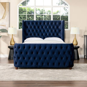 English Elm Jennifer Taylor Home - Brooklyn Luxurious Navy Blue Velvet Tufted Bed Set With Wingback Headboard & Footboard Design B2719P238192