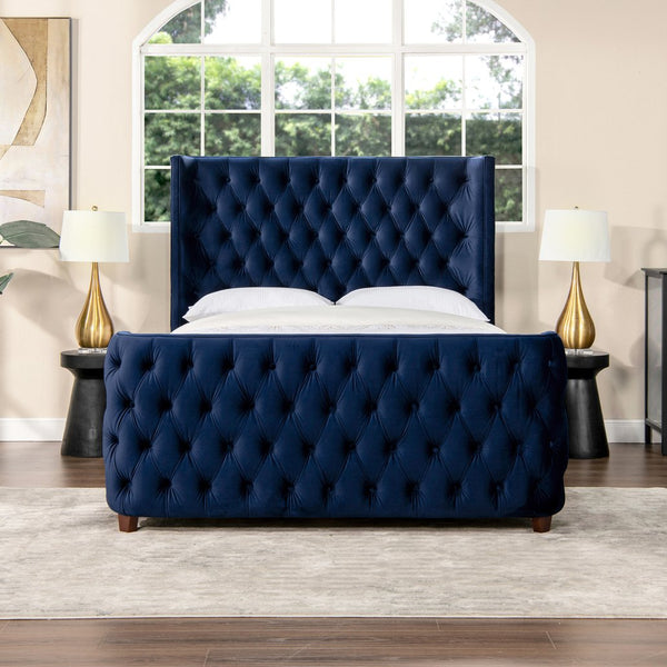 English Elm Jennifer Taylor Home - Brooklyn Luxurious Navy Blue Velvet Tufted Bed Set With Wingback Headboard & Footboard Design B2719P238192