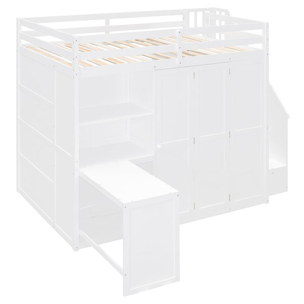 English Elm Full Size Loft Bed with Wardrobe Desk and Shelving for Modern Teen Bedroom White LT000679AAK-1