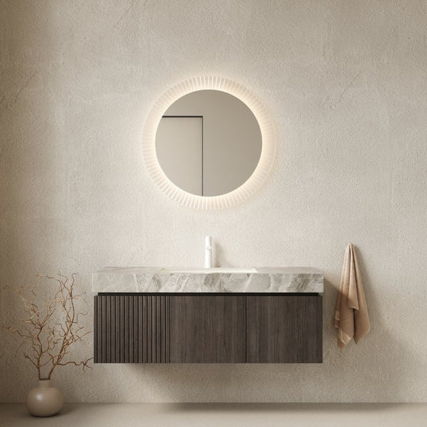 English Elm Muri Floating Bathroom Vanity Plywood Cabinet Sintered Stone Top Oak Drawer W2615S00587