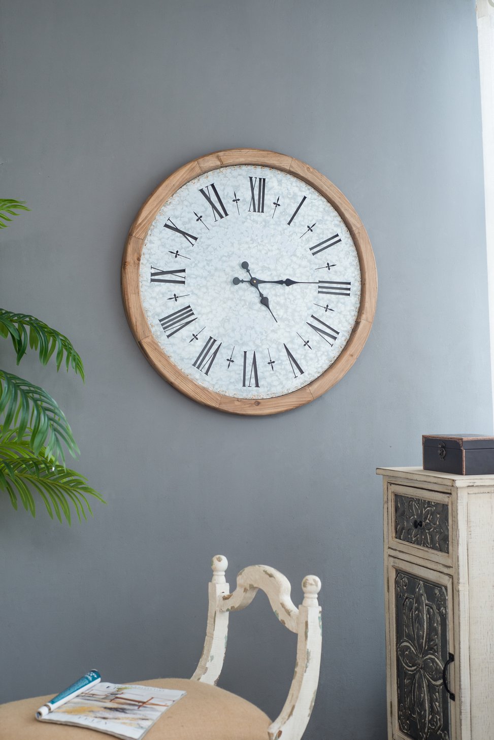English Elm D32.3" Oversized Rustic Wall Clock with Fir Frame, Galvanized Numerals, Black Steel Hands, Vintage Charm W2078P293128