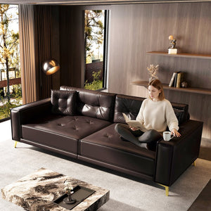 English Elm 92.1"King 3-in-1 Convertible Sleeper Sofa Bed with Tufted Faux Leather, Ultra-Wide Arms, 4-Seater Couch Dark Brown W1885S00210