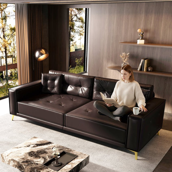 English Elm 92.1"King 3-in-1 Convertible Sleeper Sofa Bed with Tufted Faux Leather, Ultra-Wide Arms, 4-Seater Couch Dark Brown W1885S00210