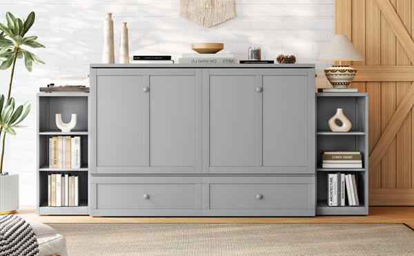 English Elm Queen Murphy Wall Bed with Open Shelves and Drawers for Guest or Office Rooms Light Gray W5316S00008