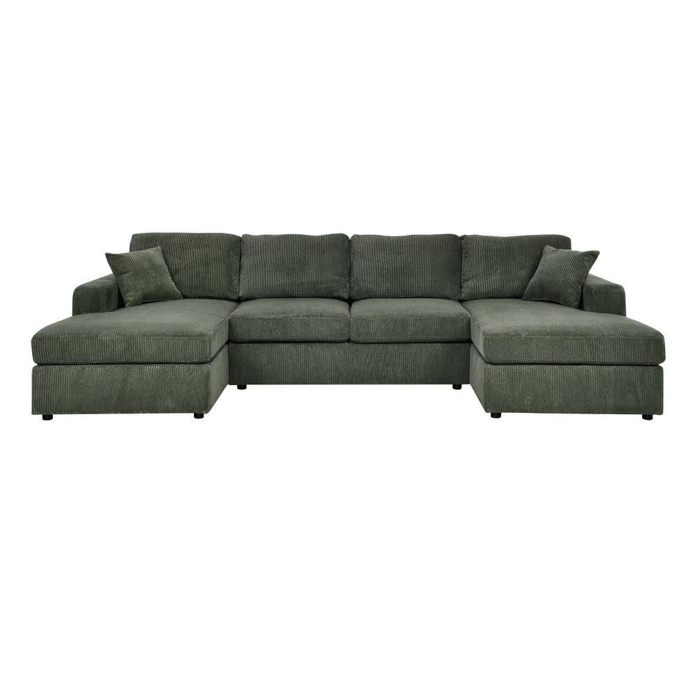 English Elm 3 Corduroy Double-Chaise Sectional Sofa with Removable Covers, Foam Cushions & Minimalist Design Green B343S00010