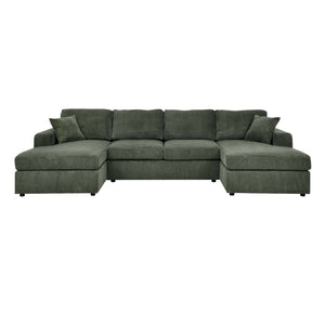 English Elm 3 Corduroy Double-Chaise Sectional Sofa with Removable Covers, Foam Cushions & Minimalist Design Green B343S00010