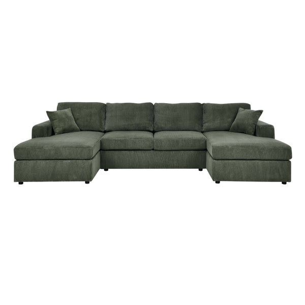 English Elm 3 Corduroy Double-Chaise Sectional Sofa with Removable Covers, Foam Cushions & Minimalist Design Green B343S00010