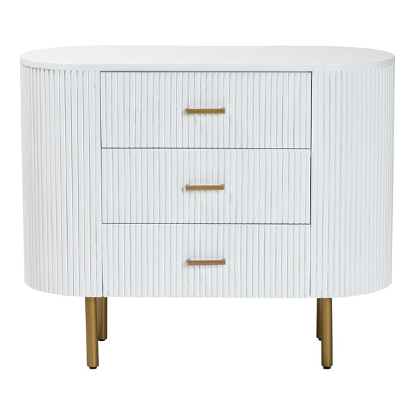 English Elm Mid-century Fluted Mindi Wood Three Drawer Dresser with Tapered Gold Legs B2750P467633