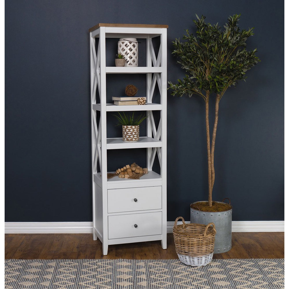 English Elm Delaney White 72" 4-Shelf Bookcase Media Tower with Ash Veneer Top, X-Side Accents & 2 Drawers — Cottage Coastal Farmhouse Charm B062P358338