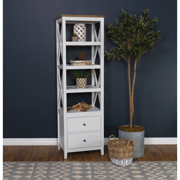 English Elm Delaney White 72" 4-Shelf Bookcase Media Tower with Ash Veneer Top, X-Side Accents & 2 Drawers — Cottage Coastal Farmhouse Charm B062P358338
