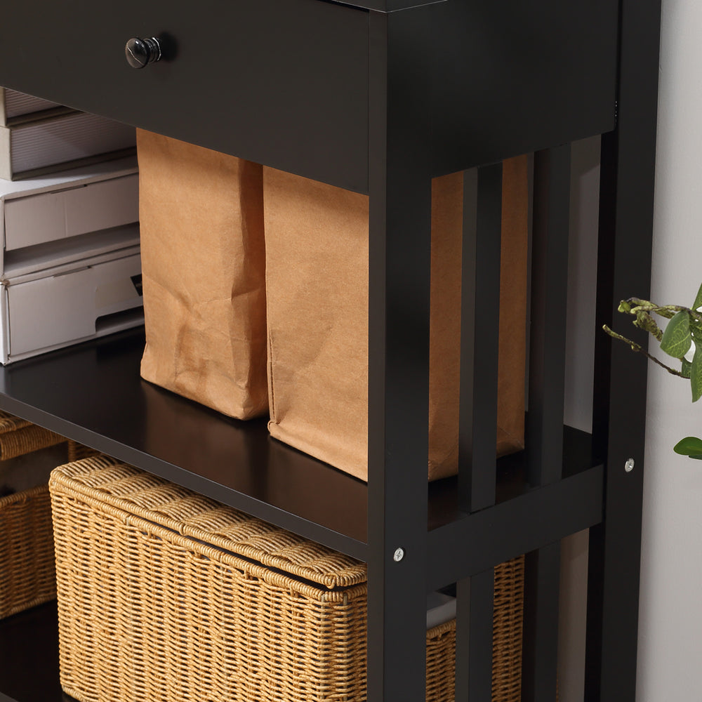 English Elm HOMCOM Narrow Console Table with Extra Wide Drawer, Slatted Frame, 2 Open Shelves & Anti-Tip Safety Black W2225P249592