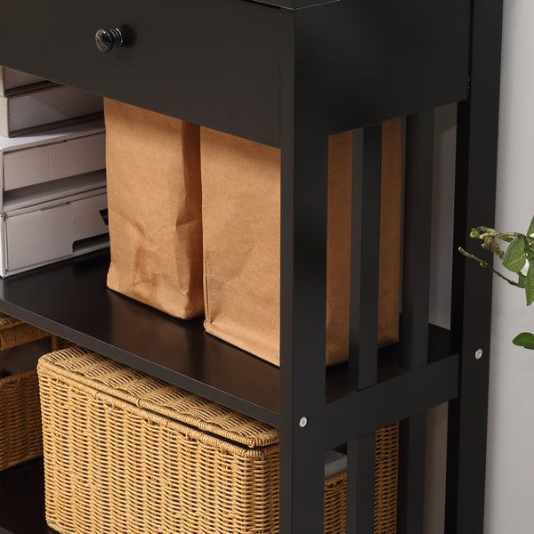 English Elm HOMCOM Narrow Console Table with Extra Wide Drawer, Slatted Frame, 2 Open Shelves & Anti-Tip Safety Black W2225P249592