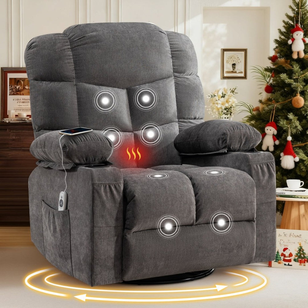 English Elm Oversized Swivel Recliner with Massage Heating Linen Upholstery and Usb Port Gray W1521P411670