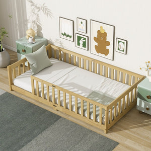 English Elm Twin Size Floor Bed With Safety Guardrails, Eco-Friendly Rubberwood Design For Toddler Independence W504P286397-GIGA