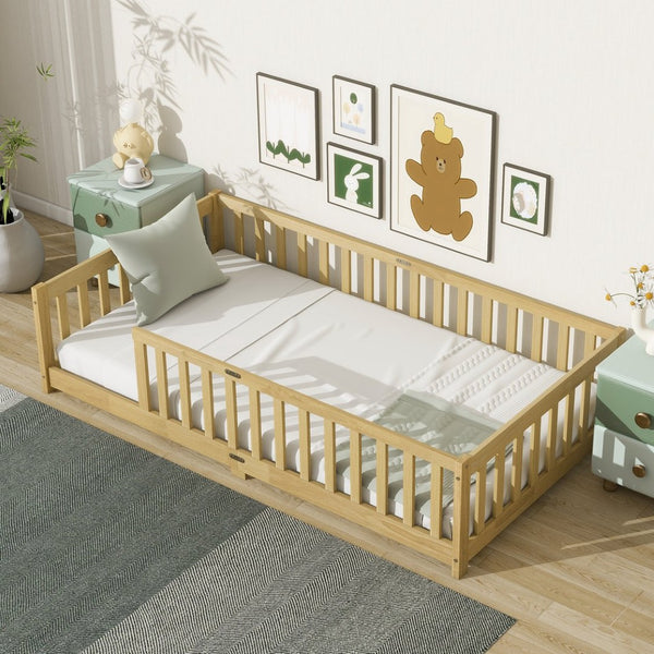 English Elm Twin Size Floor Bed With Safety Guardrails, Eco-Friendly Rubberwood Design For Toddler Independence W504P286397-GIGA