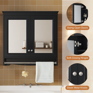 English Elm 3-in-1 Wall Mounted Medicine Cabinet with Soft Close Door Adjustable Shelves and Towel Bar Black N710P405415B