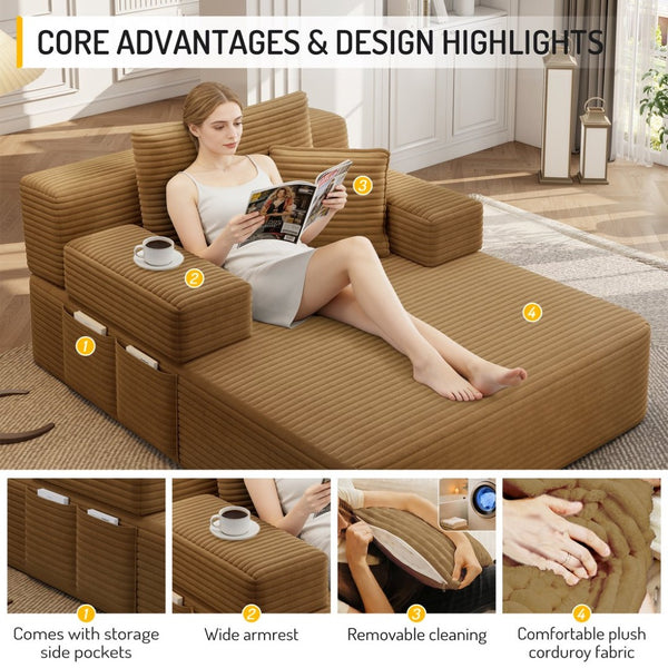 English Elm Luxurious Corduroy Convertible Chaise Lounge Sofa Bed with Storage and Coil Spring Foam Camel W3219P483086