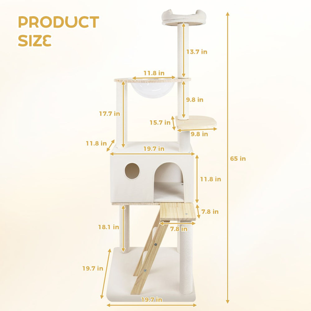 English Elm Wood Multi-level Cat Tower with Transparent Pod Condo Sisal Posts and Plush Perches W243P326634