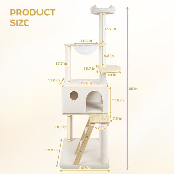 English Elm Wood Multi-level Cat Tower with Transparent Pod Condo Sisal Posts and Plush Perches W243P326634