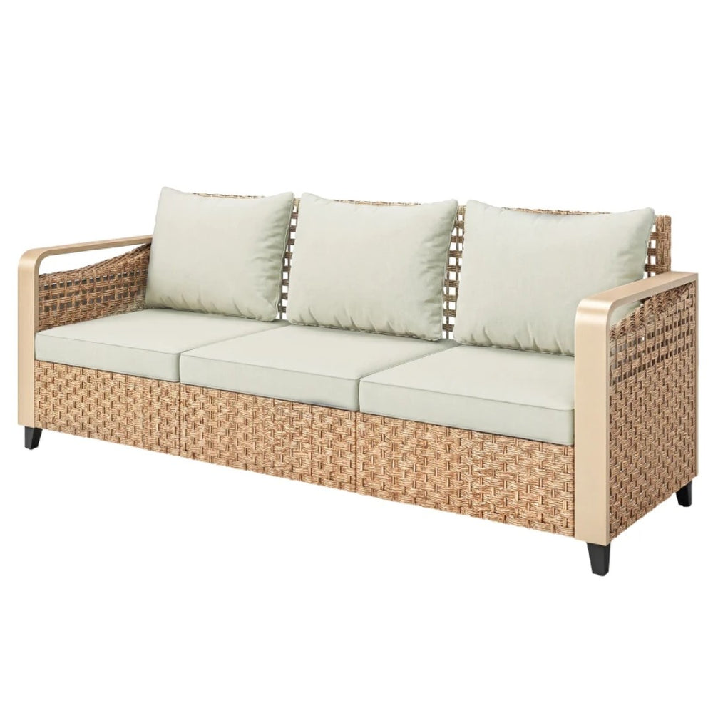 English Elm Backyard Pe Rattan 3-seat Outdoor Sofa with Powder-coated Frame for Patio Lounging Beige+Brown T3971P476451