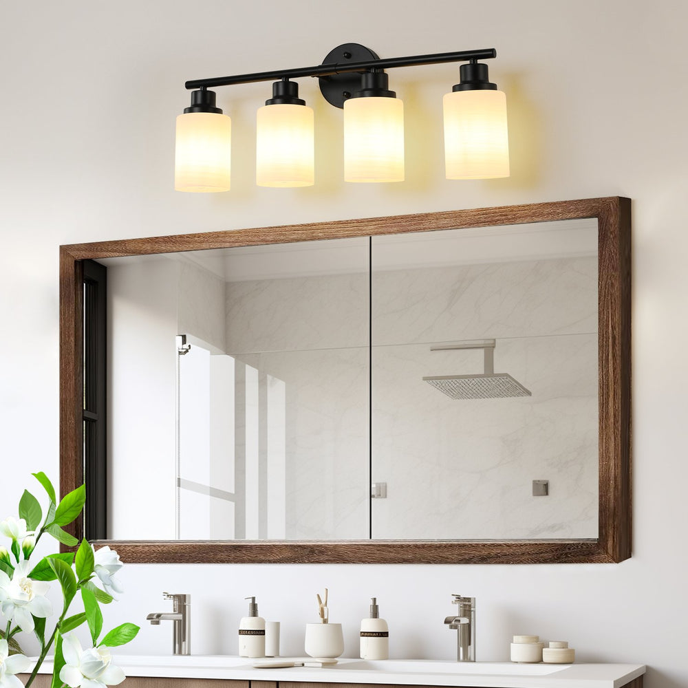 English Elm 24" Modern 4-Light Vanity Wall Sconce - Frosted Glass & Black Iron Frame For Bathroom & Bedroom Elegance W2312P374805