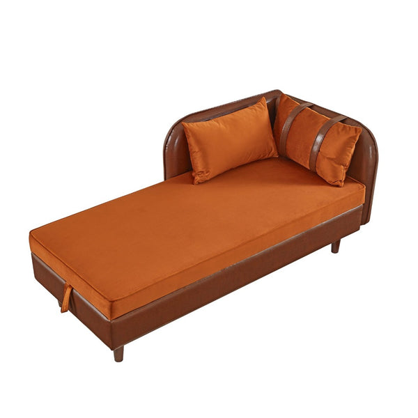 English Elm 65" Velvet Storage Chaise Lounge with Pu Leather Panels Eucalyptus Frame Accent Seat Orange+Dark Brown W1097P434116