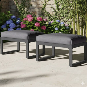 English Elm Set of 2 Outdoor Aluminum Powder-coated Patio Ottomans with Water-repellent Cushions Black+Grey B082P455135