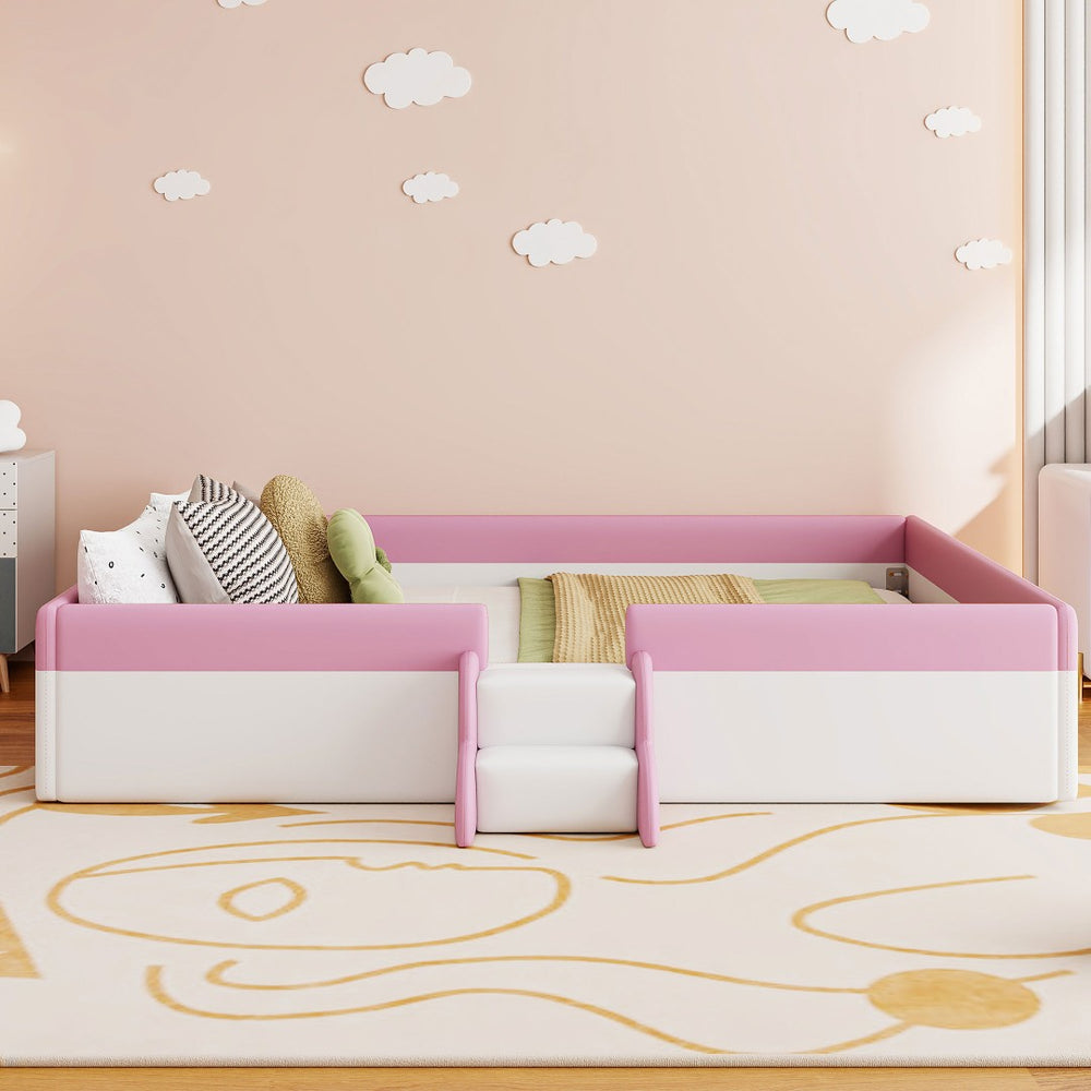 English Elm King Platform Daybed with Fence Rail and Stairs Pu Upholstered Kids Bedroom Frame SF000156AAH-1