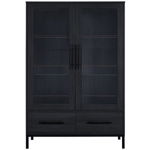 English Elm 60'' Tall Display Cabinet with LED Lighting, Tempered Glass Doors, 4 Adjustable Shelves & Drawers Black N845P261801B