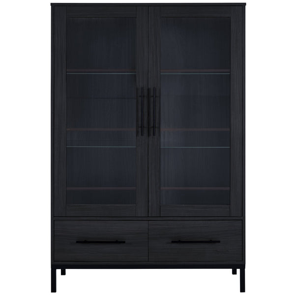 English Elm 60'' Tall Display Cabinet with LED Lighting, Tempered Glass Doors, 4 Adjustable Shelves & Drawers Black N845P261801B
