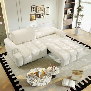 English Elm 90.2" Plush Teddy Fabric Convertible Sleeper Sofa with Hidden Storage for Living Room Beige+White W1885S00311