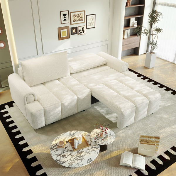 English Elm 90.2" Plush Teddy Fabric Convertible Sleeper Sofa with Hidden Storage for Living Room Beige+White W1885S00311