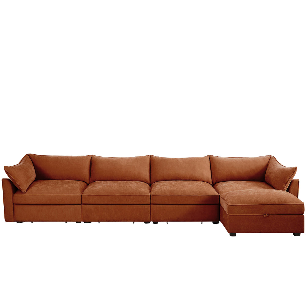 English Elm L-Shaped 4-Seater Sectional Sofa With Movable Ottoman & Storage, Soft Chenille In Chic Orange W3041S00210