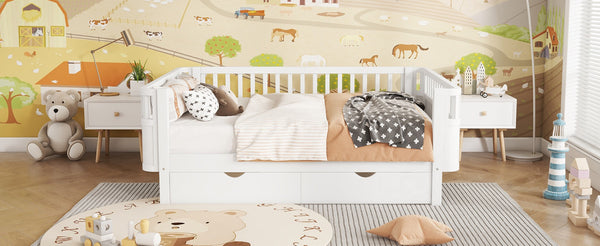 English Elm Twin Kids Platform Bed Solid Pine White Finish with Storage Drawers and Safety Rails White W2593P409116