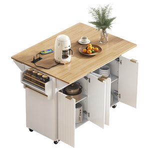 English Elm K&k Fluted Rolling Kitchen Island Faux Marble Top Power Outlet Storage Drawers White N707P353934W