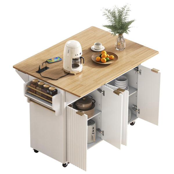 English Elm K&k Fluted Rolling Kitchen Island Faux Marble Top Power Outlet Storage Drawers White N707P353934W