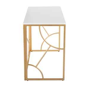 English Elm Constellation Geometric Desk with Gold Metal Frame and Wood Top — Modern Vanity or Office Statement PMID White B202P223960