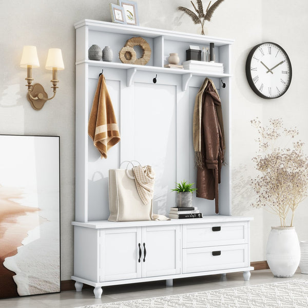 English Elm Modern Hall Tree White with Bench, Cabinet & 2 Drawers, 5 Hooks, Wide Mudroom Storage 80.3"H WF306450AAK