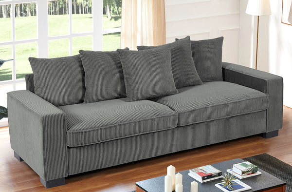 English Elm Luxe Corduroy Sofa with 5 Toss Pillows, Deep-Seat 3-Seater Couch, Sleek Modern Design, 88" Wide Grey B2735P256726
