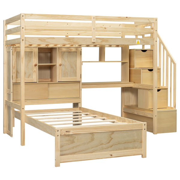 English Elm Twin Over Twin Loft Bed with Built-In Desk, Stairs, Shelving and Storage Headboard for Space-Saving Rooms Natural GX000465AAN