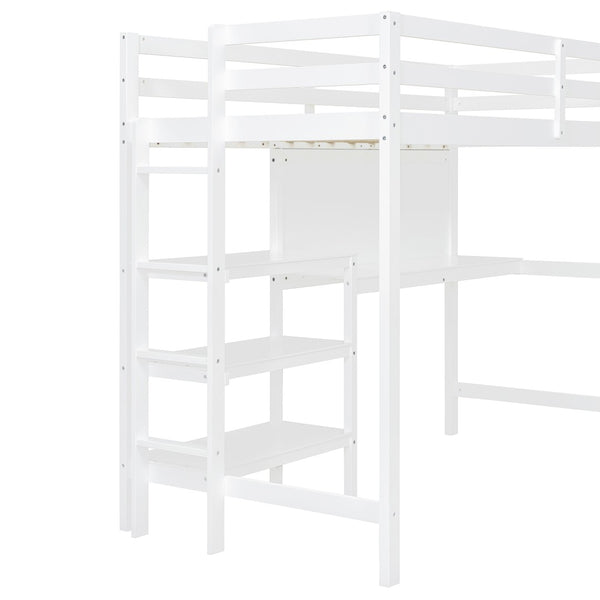 English Elm Twin Loft Bed with Built-in Desk Shelving and Dry-erase Board for Kids Rooms White LT100320AAK