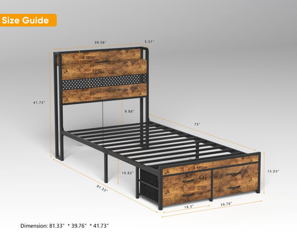English Elm Twin Platform Bed Frame With Smart Storage Headboard, Built-In Charging & Led Lights For Small Spaces W2129P262896-GIGA