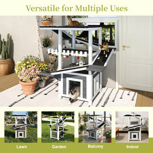 English Elm 4 Tier Outdoor Pine Cat Tower with Waterproof Roof Enclosed Den and Balcony Perch Grey,White N704P436318K
