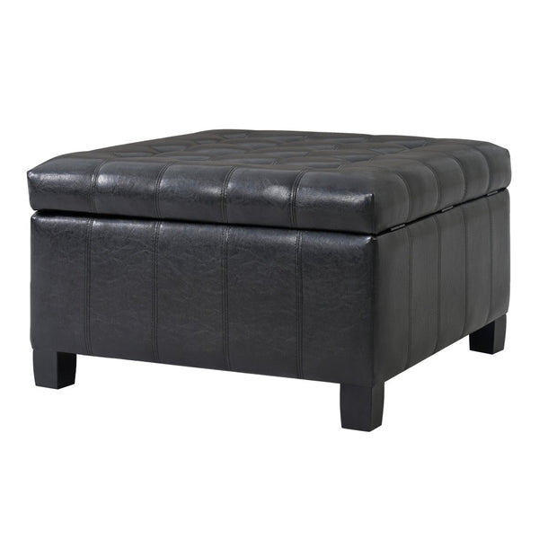 English Elm Black Tufted Pu Lift Top Storage Ottoman with Rubberwood Legs for Living Spaces Black N779P404084B