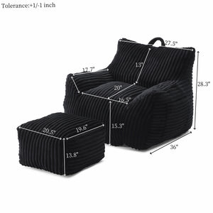 English Elm Giant Plush Bean Bag Chair with Armrests and Footstool for Ultimate Comfort, Durable Corduroy Lounge Sofa Black W1117P309394